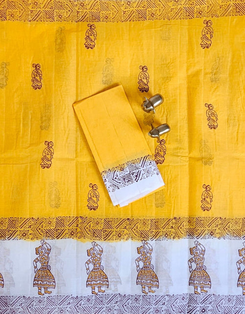 Pure Cotton with Hand Block Prints - Yellow with White