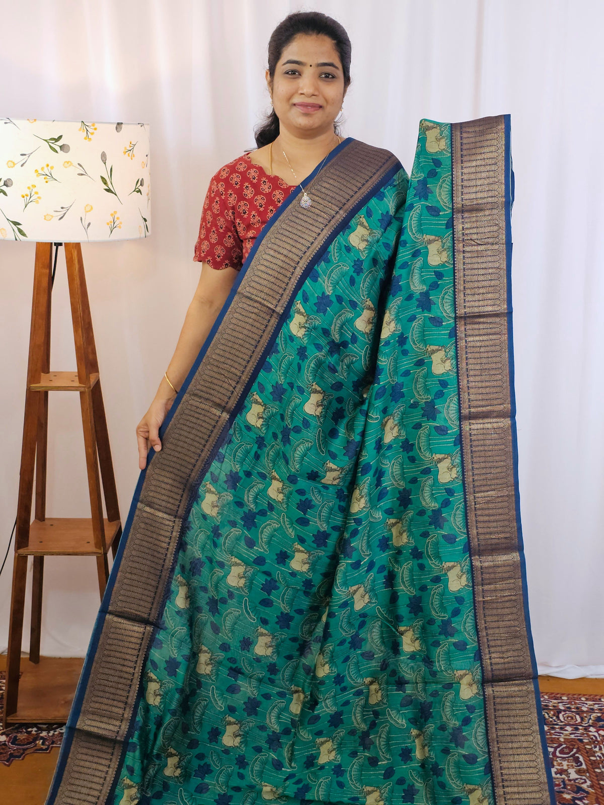 Pure Chanderi Butter Silk - Peacock Green with Dark Blue
