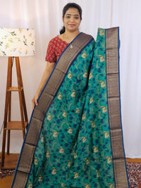 Pure Chanderi Butter Silk - Peacock Green with Dark Blue