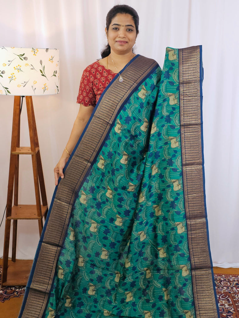 Pure Chanderi Butter Silk - Peacock Green with Dark Blue