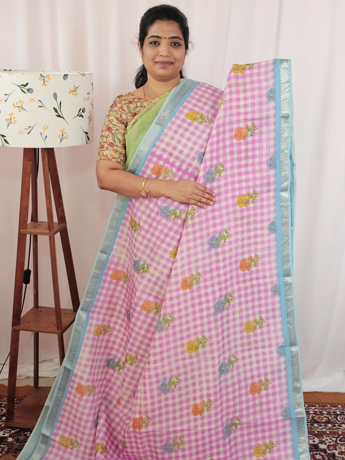 Handwoven Mangalagiri Pattu Saree with Digital Prints  - Pink with Blue