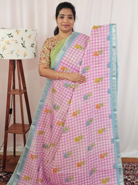 Handwoven Mangalagiri Pattu Saree with Digital Prints  - Pink with Blue