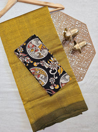 Handwoven Mangalagiri Plain Pattu Saree - Olive Mustard