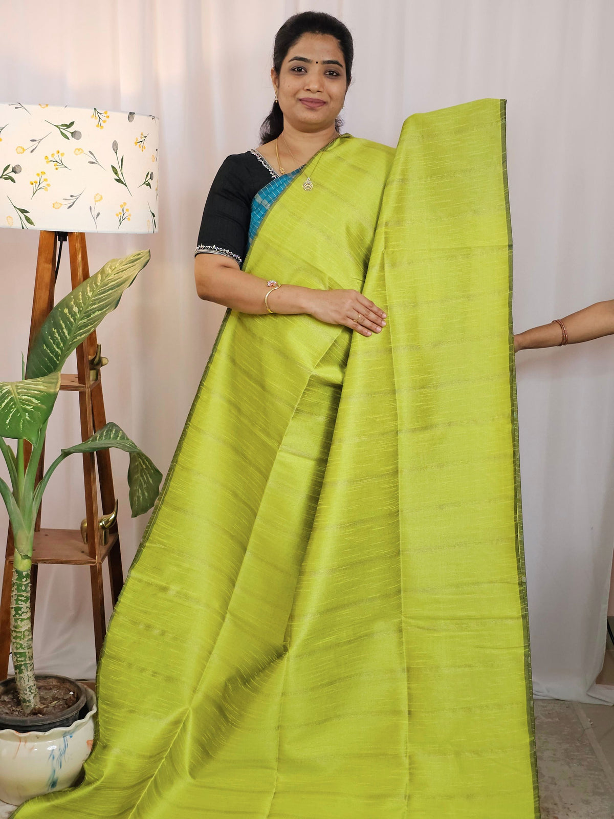 Semi Raw Silk -  Lime Green with Black