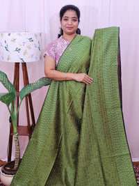 Semi Raw Silk Saree - Green with Magenta Pink