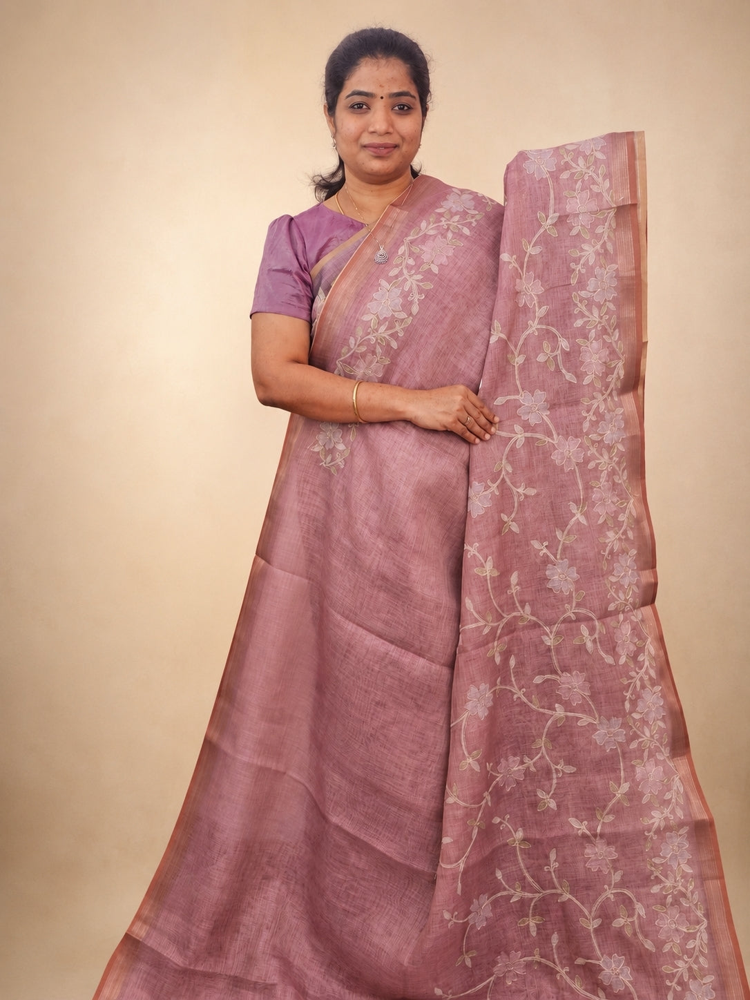 Linen Tissue with Aari Work - Rose Pink