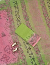 Pure Cotton with Checks Hand Block Prints - Onion Pink with Green