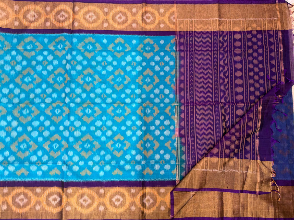Sky Blue with Purple Pochampally Ikkat Silk Cotton (SICO Pattu)