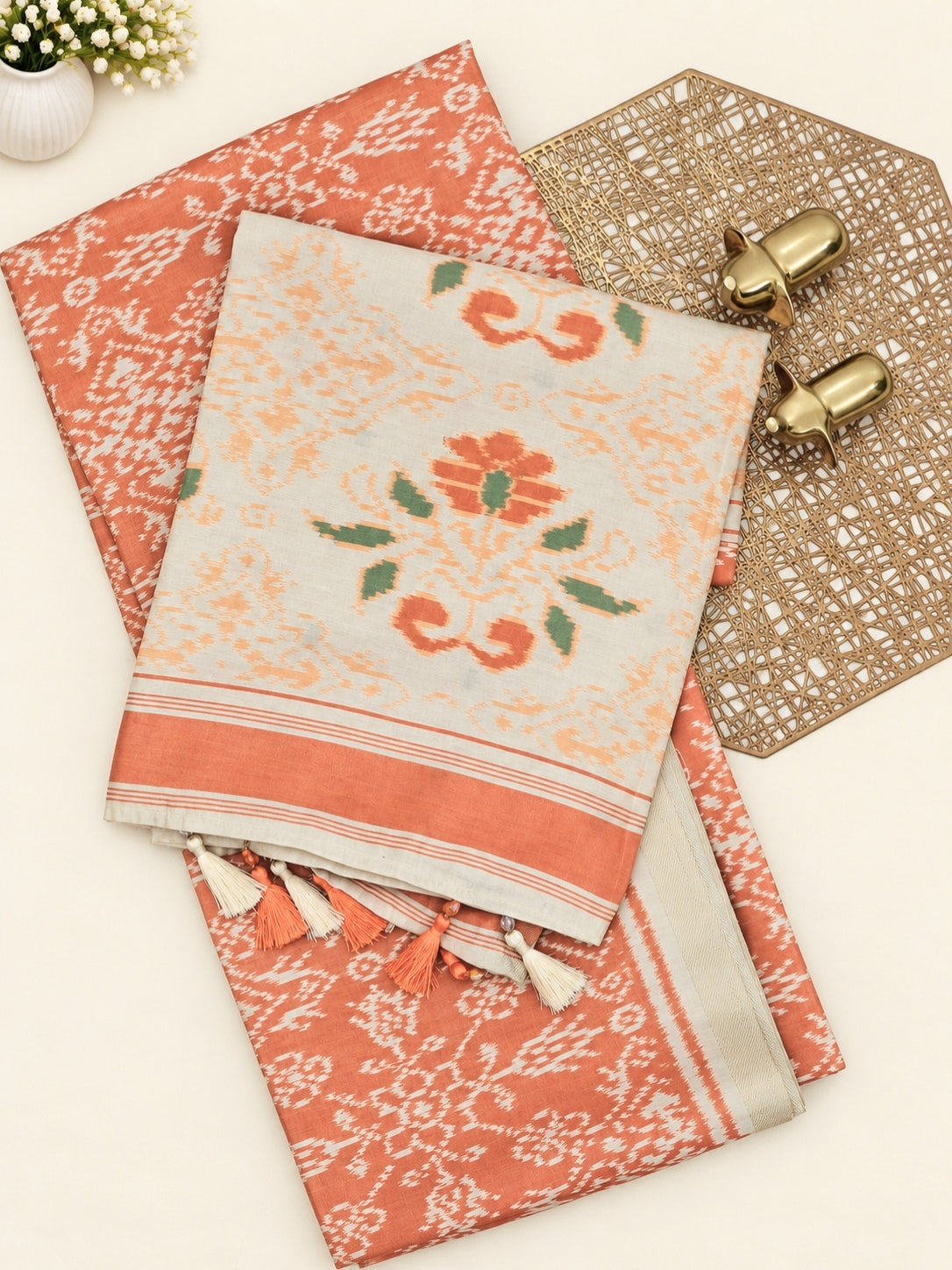 Patola Inspried Semi Tussar Saree  - Pastel Orange