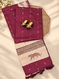 Soft Semi Tussar with Digital Prints and Beautiful Aari Work - Maroon with Cream