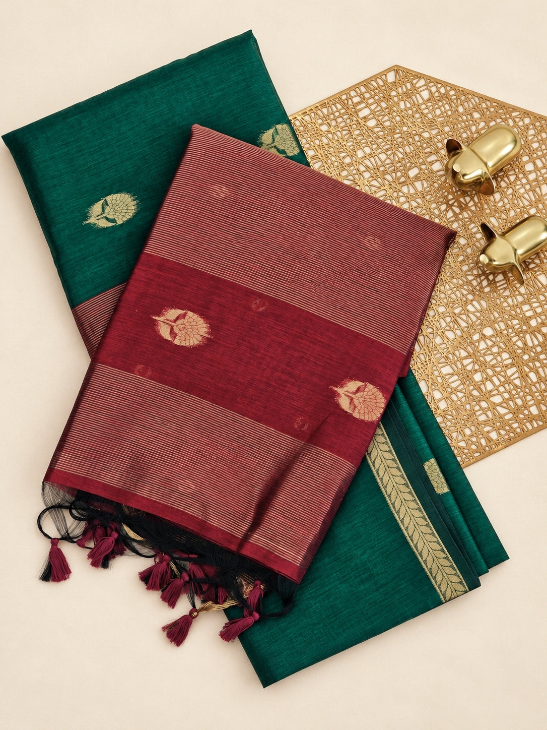 Semi Maheswari Silk Cotton Saree - Green with Maroon