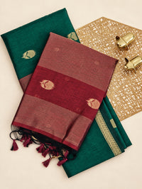 Semi Maheswari Silk Cotton Saree - Green with Maroon