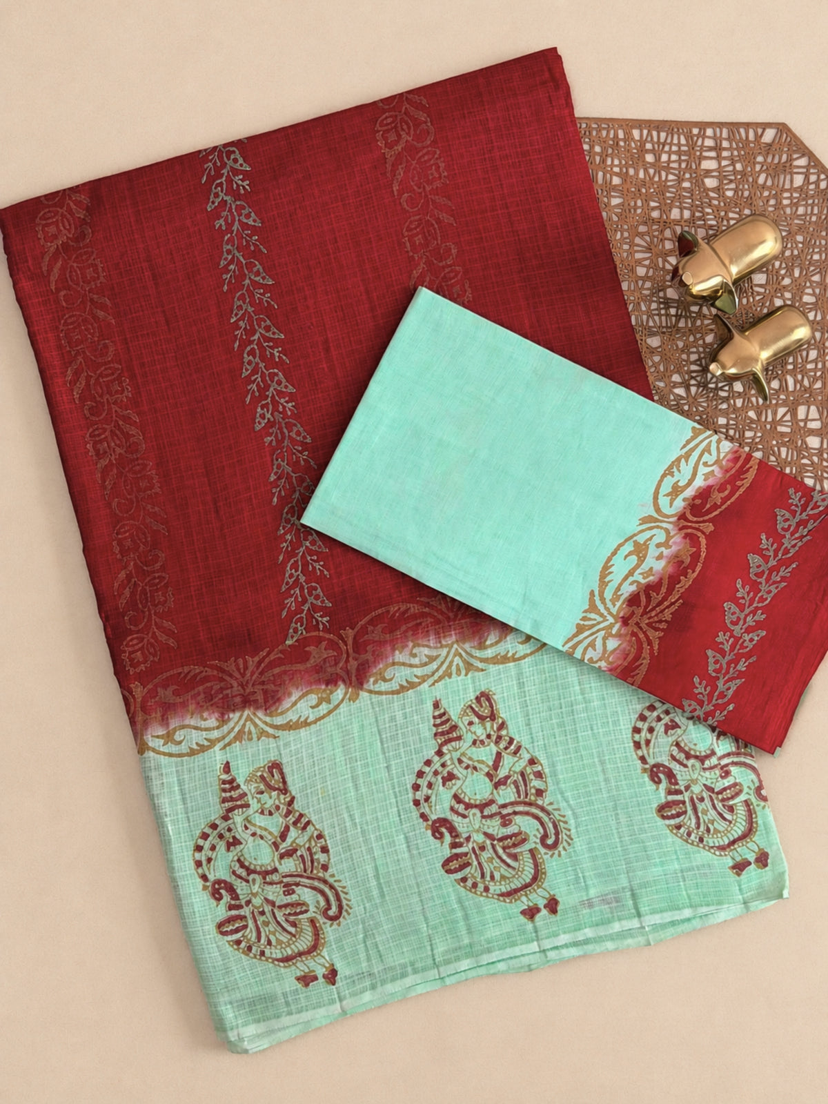 Pure Cotton with Checks Hand Block Prints - Red with Sea Green