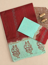 Pure Cotton with Checks Hand Block Prints - Red with Sea Green