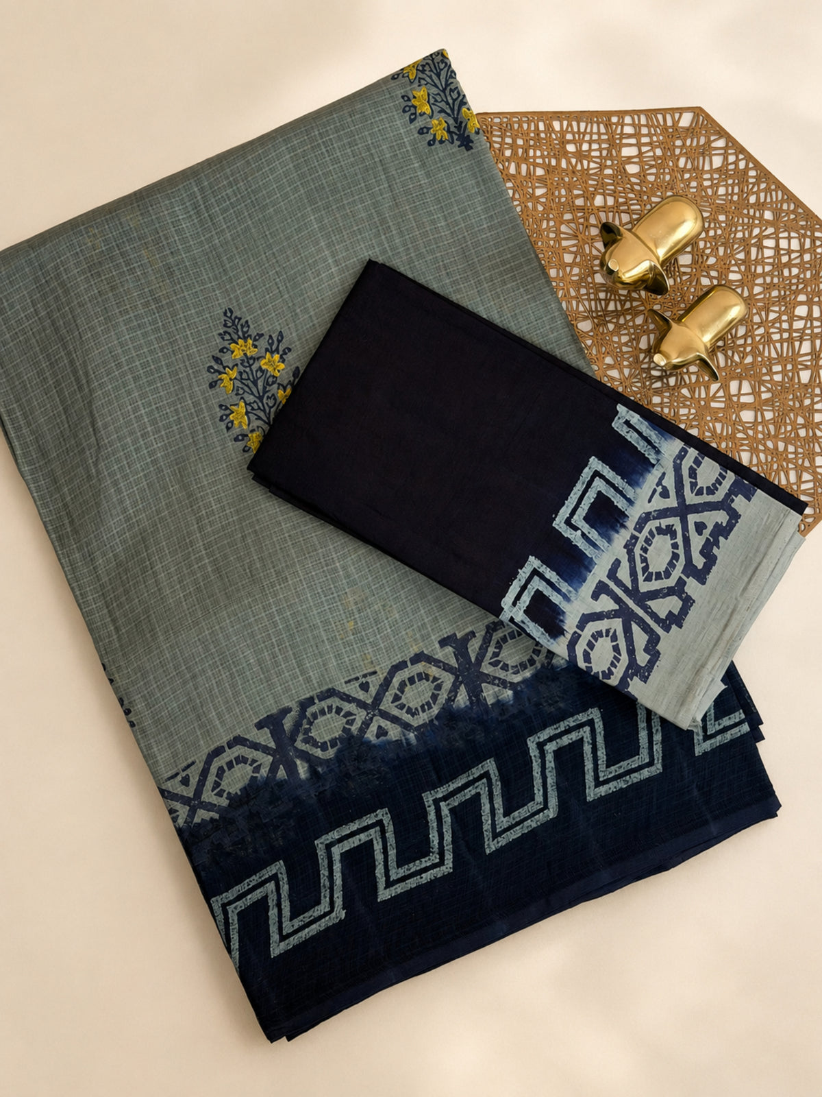 Pure Cotton with Checks Hand Block Prints - Grey with Blue