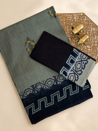 Pure Cotton with Checks Hand Block Prints - Grey with Blue