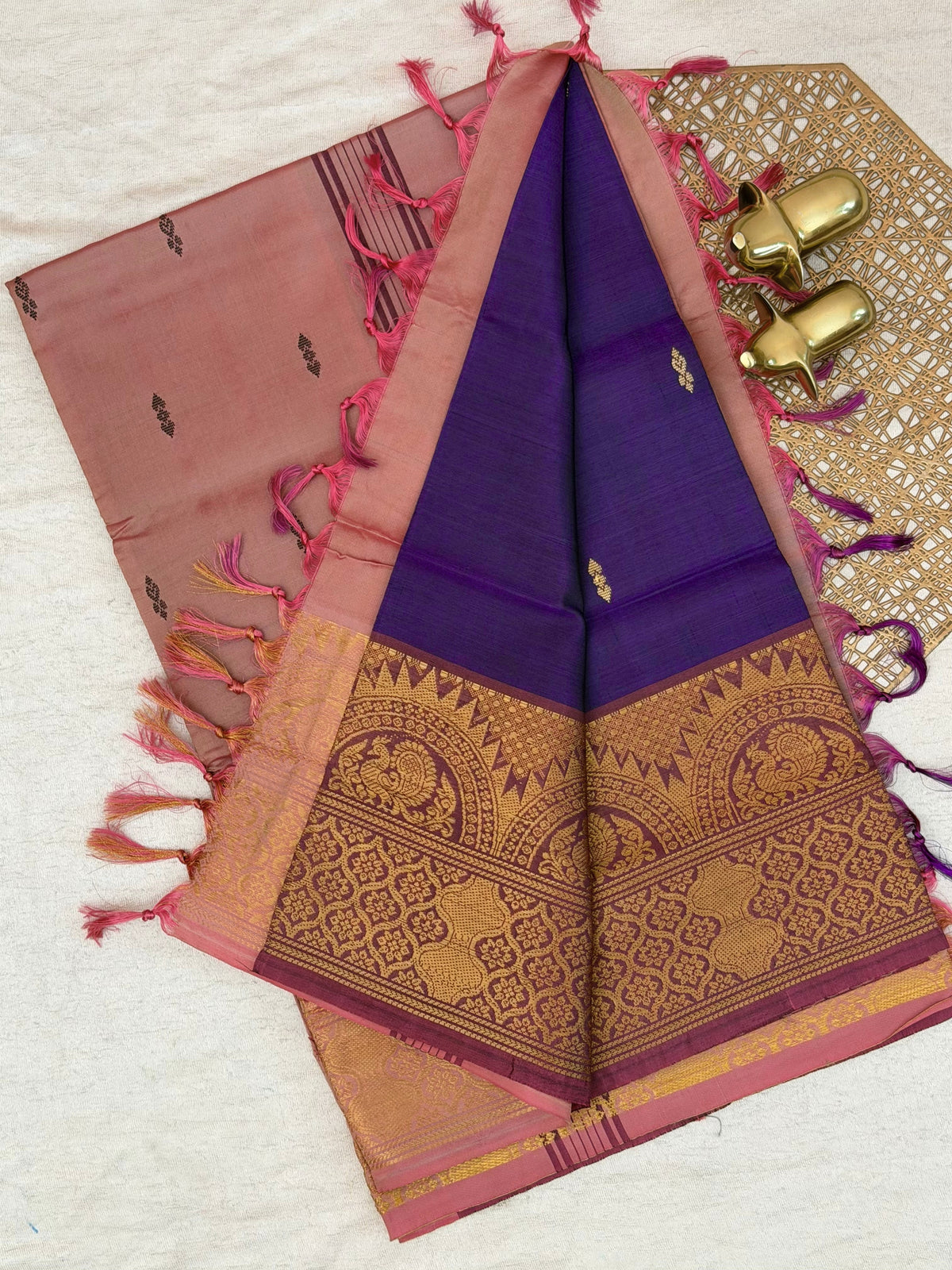 Dark Orange with Blue Chinnalampattu Big Border Saree