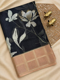 Premium Soft Semi Tussar Kota Weaving with Digital Prints - Black with Brown