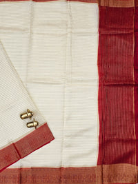 Semi Kathan Silk Saree - Off White with Red