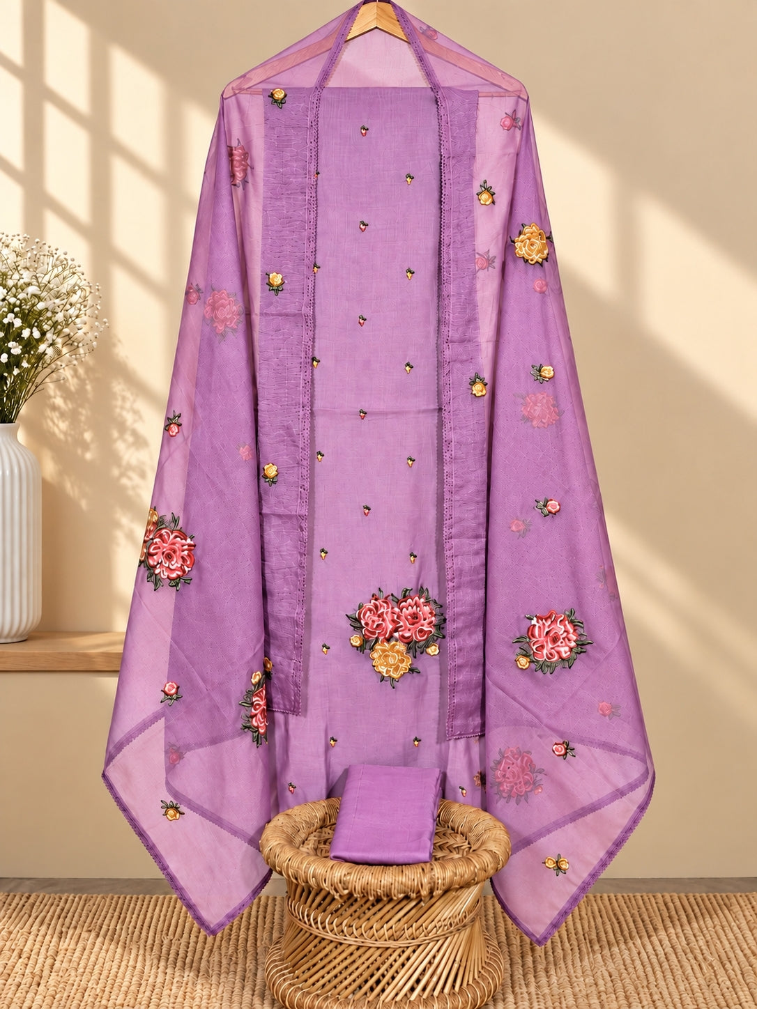 Mul Chanderi Cross Stitches  with Floral Pattern Unstitched Salwar -  Purple