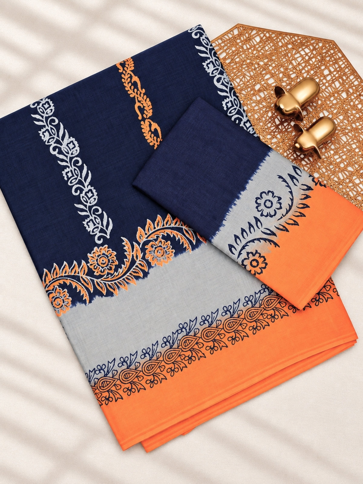 Pure Cotton with Hand Block Prints - Dark Blue with Orange