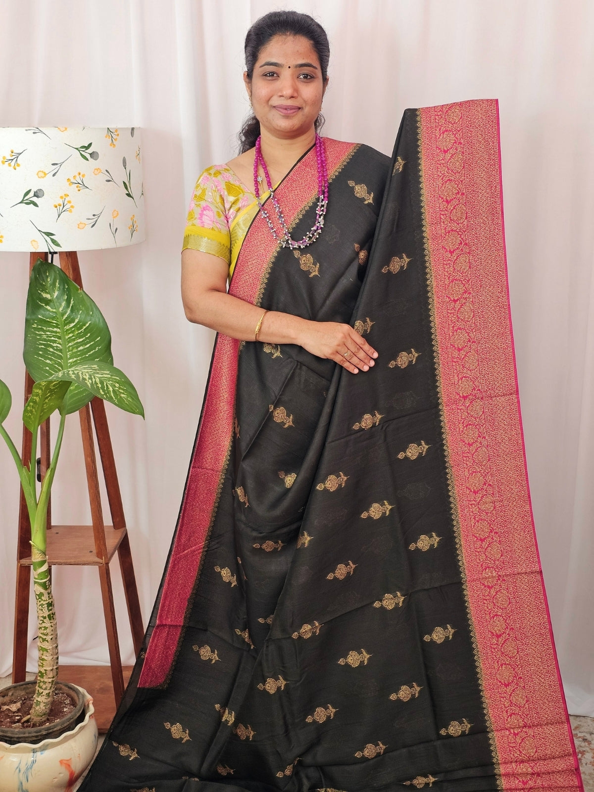 Jute Banarasi Silk Saree - Black with Pink