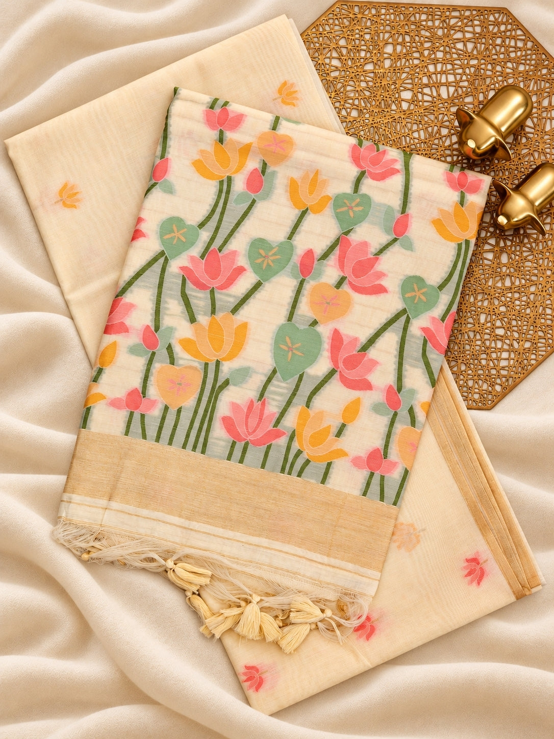 Semi Kota with Jamdani Saree - Cream
