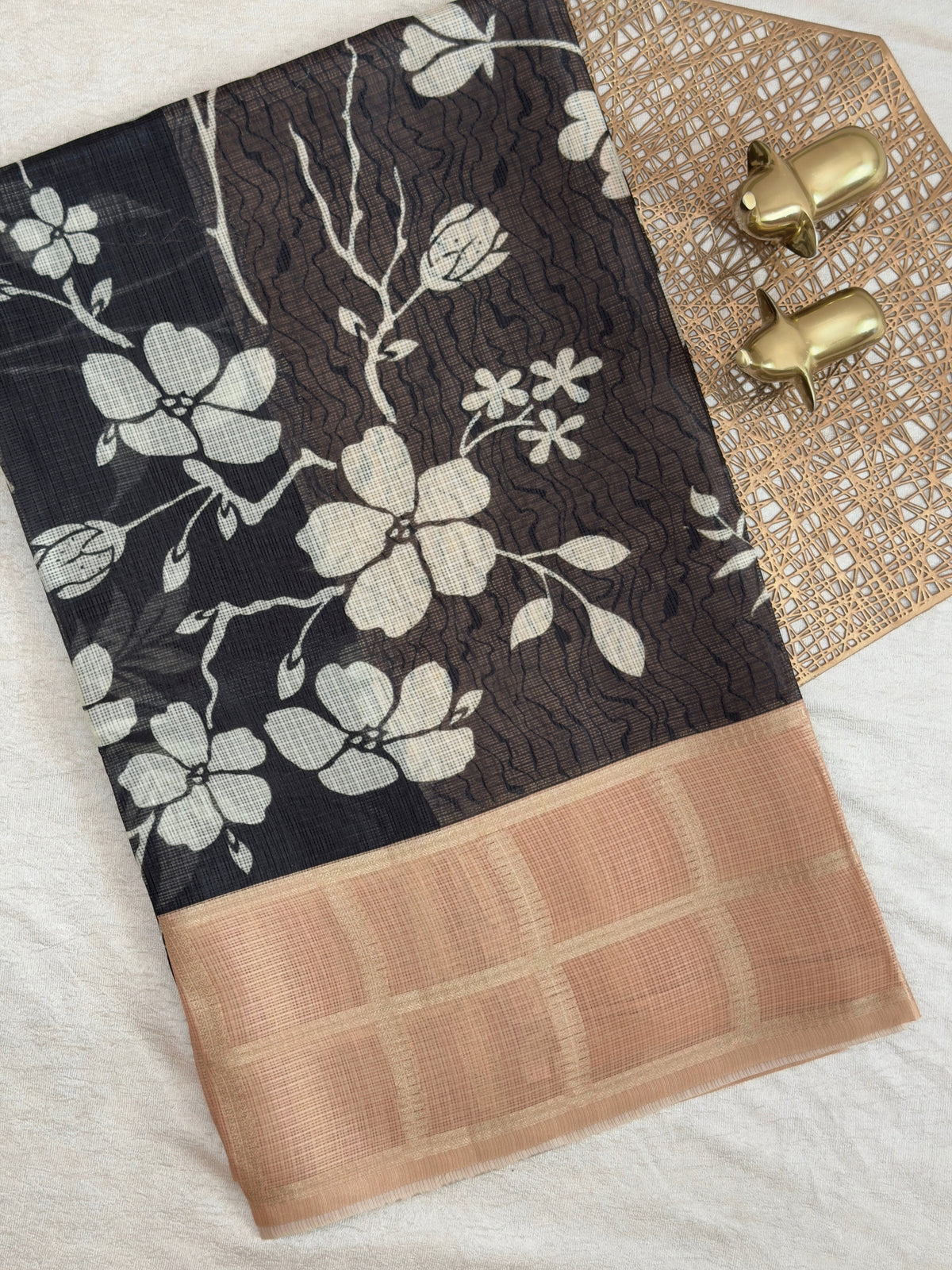 Premium Soft Semi Tussar Kota Weaving with Digital Prints - Black with Pastel Orange