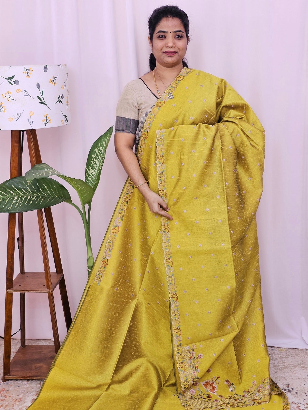 Raw Silk with Emboridery - Yellow