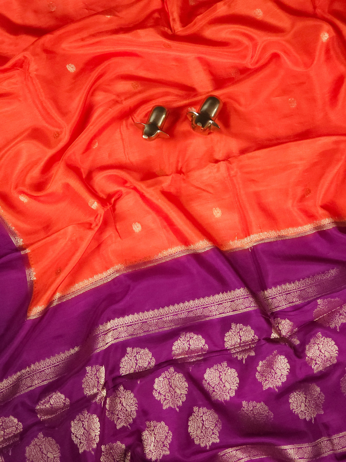Semi Mysore Crepe Silk Saree - Orange with Prple