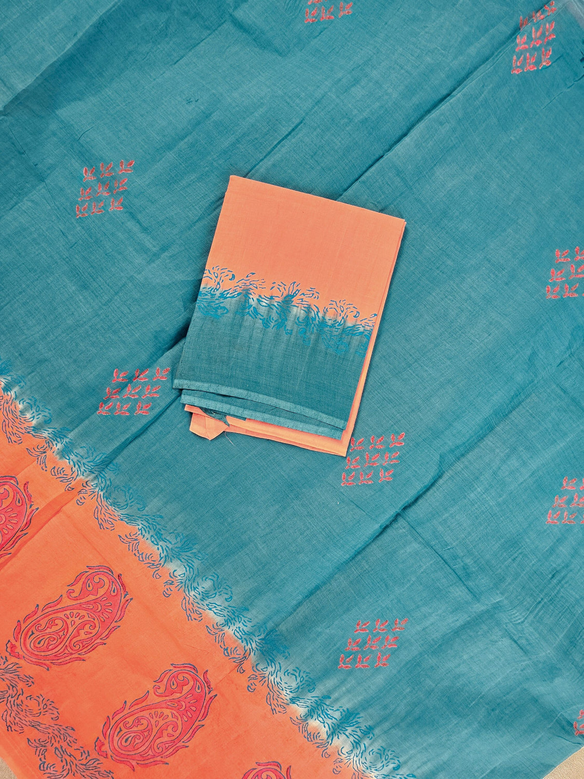 Pure Cotton with Hand Block Prints - Blue with  Orange