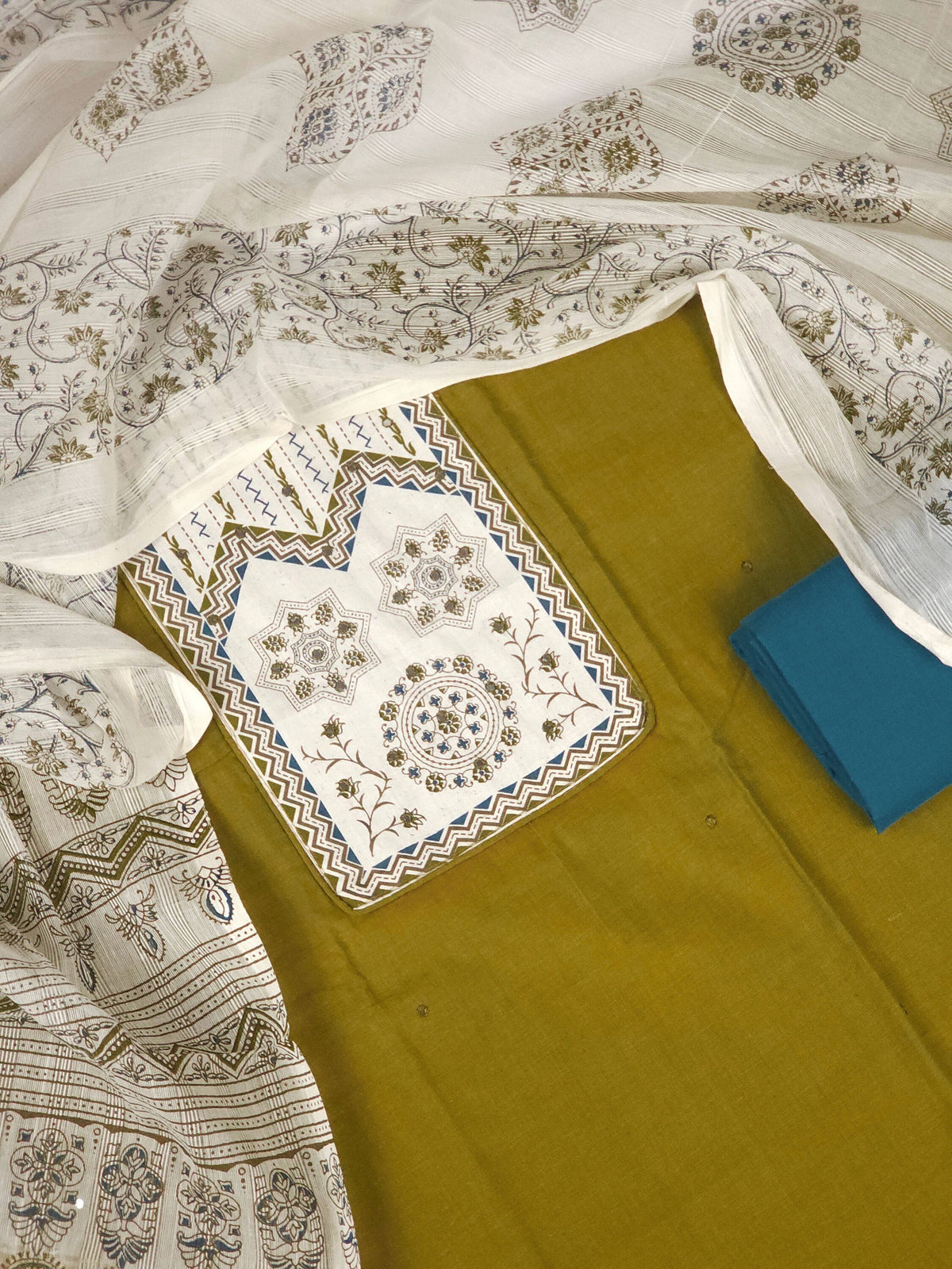 Cotton Unstitched Salwar - Mehondi Green with Peacock Blue
