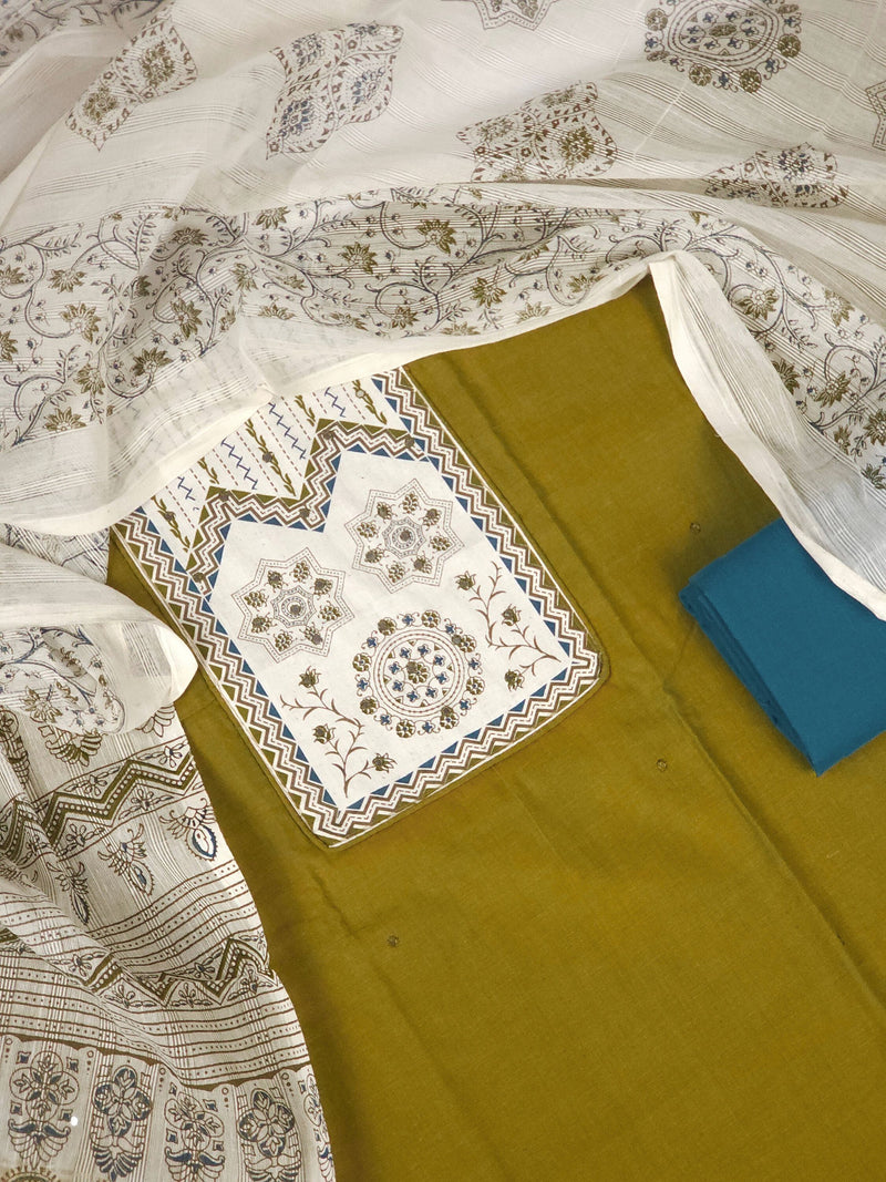 Cotton Unstitched Salwar - Mehondi Green with Peacock Blue