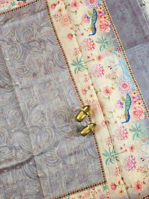 Unique Semi Tussar with Zari Weaving Butti - Grey
