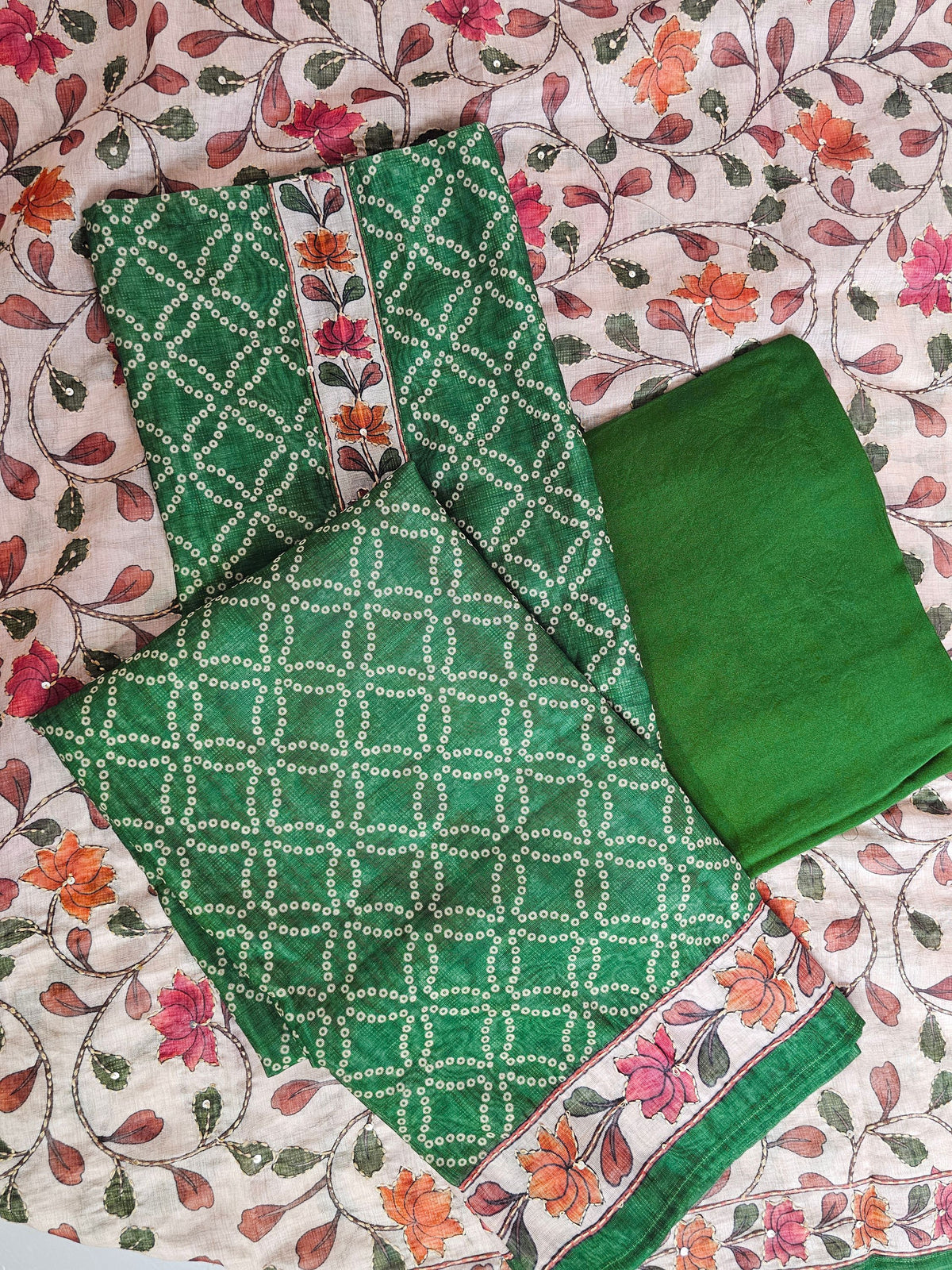 Chanderi with Kantha Unstitched Salwar Suit - Green
