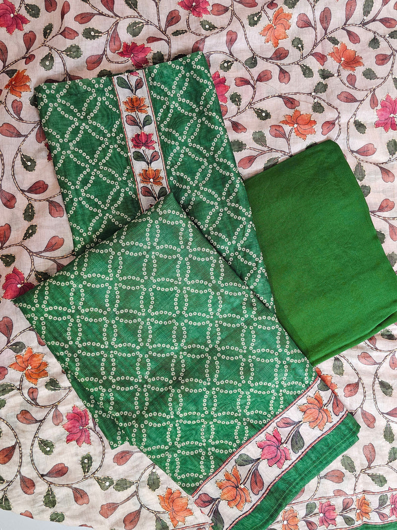 Chanderi with Kantha Unstitched Salwar Suit - Green