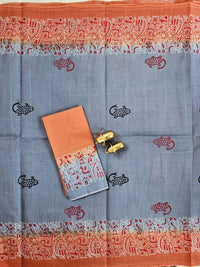 Pure Cotton with Hand Block Prints - Grey with Brown