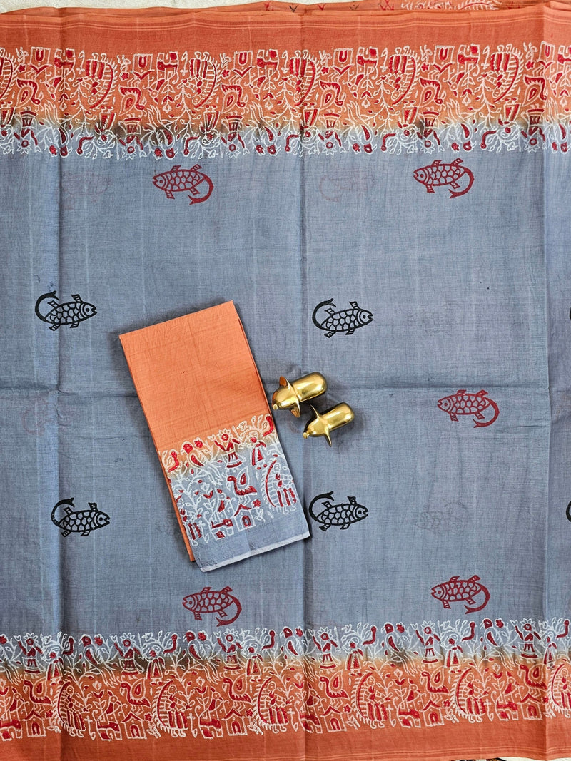 Pure Cotton with Hand Block Prints - Grey with Brown