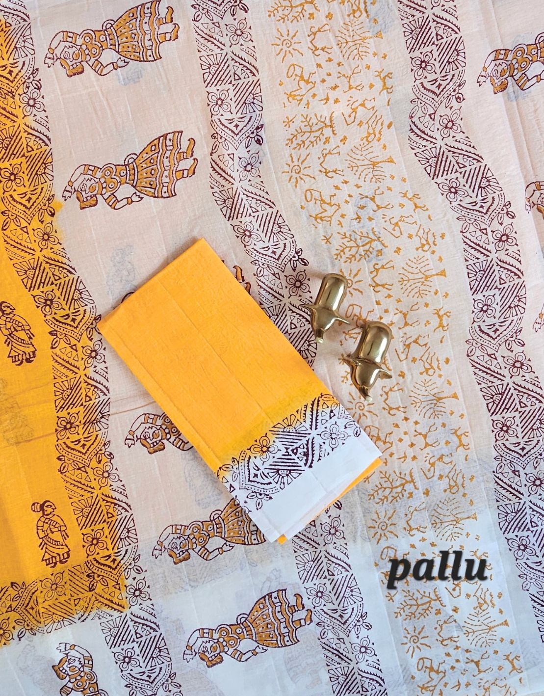 Pure Cotton with Hand Block Prints - Yellow with White