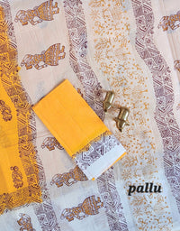 Pure Cotton with Hand Block Prints - Yellow with White