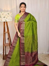 Jute Banarasi Saree - Green with Magenata Pink