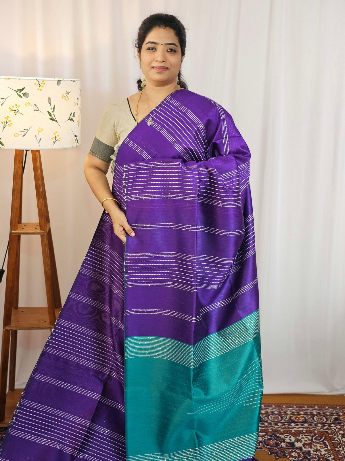 Semi Raw Silk Saree - Purple with Blue