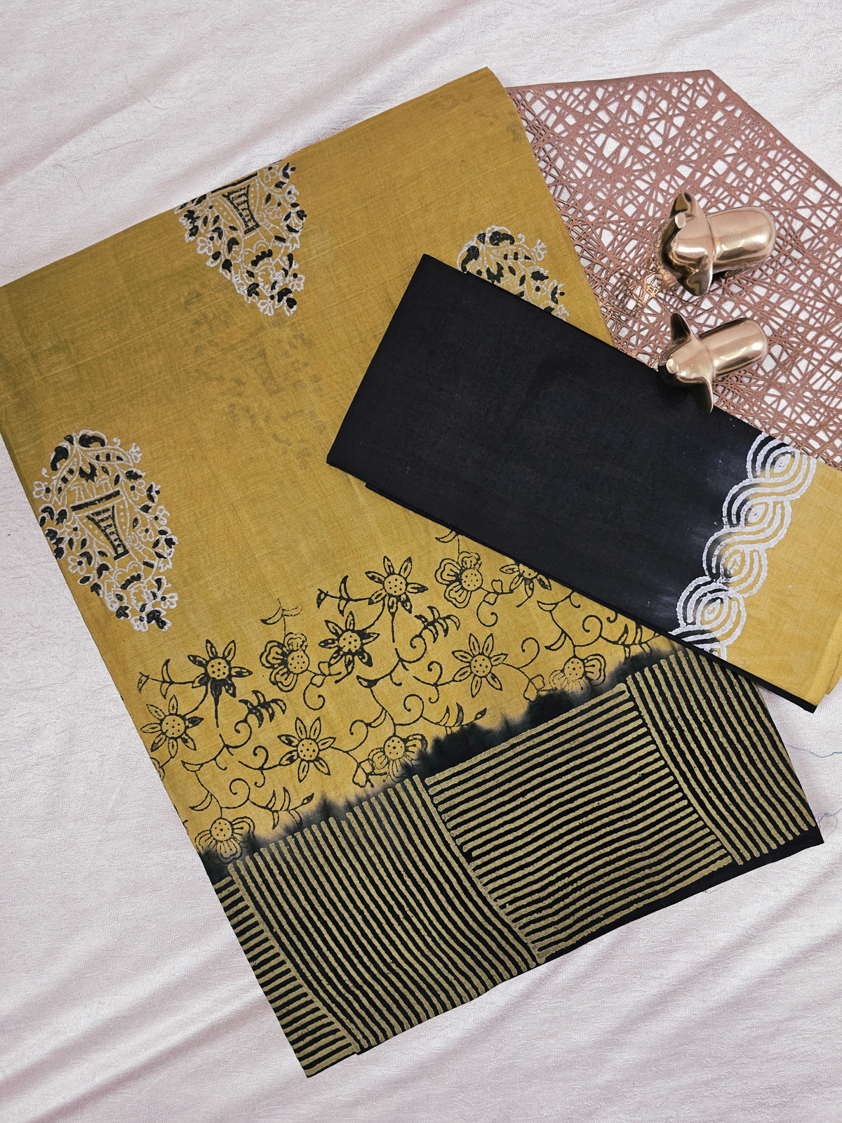 Pure Cotton with Hand Block Prints - Mehndi Green with Black