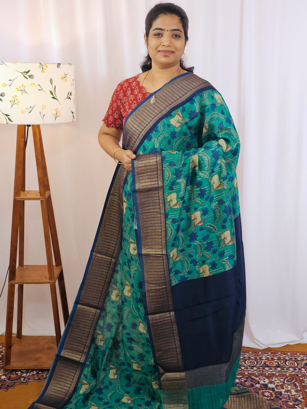 Pure Chanderi Butter Silk - Peacock Green with Dark Blue