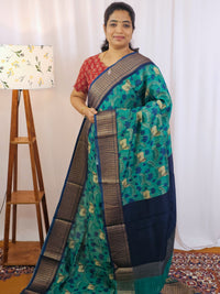 Pure Chanderi Butter Silk - Peacock Green with Dark Blue