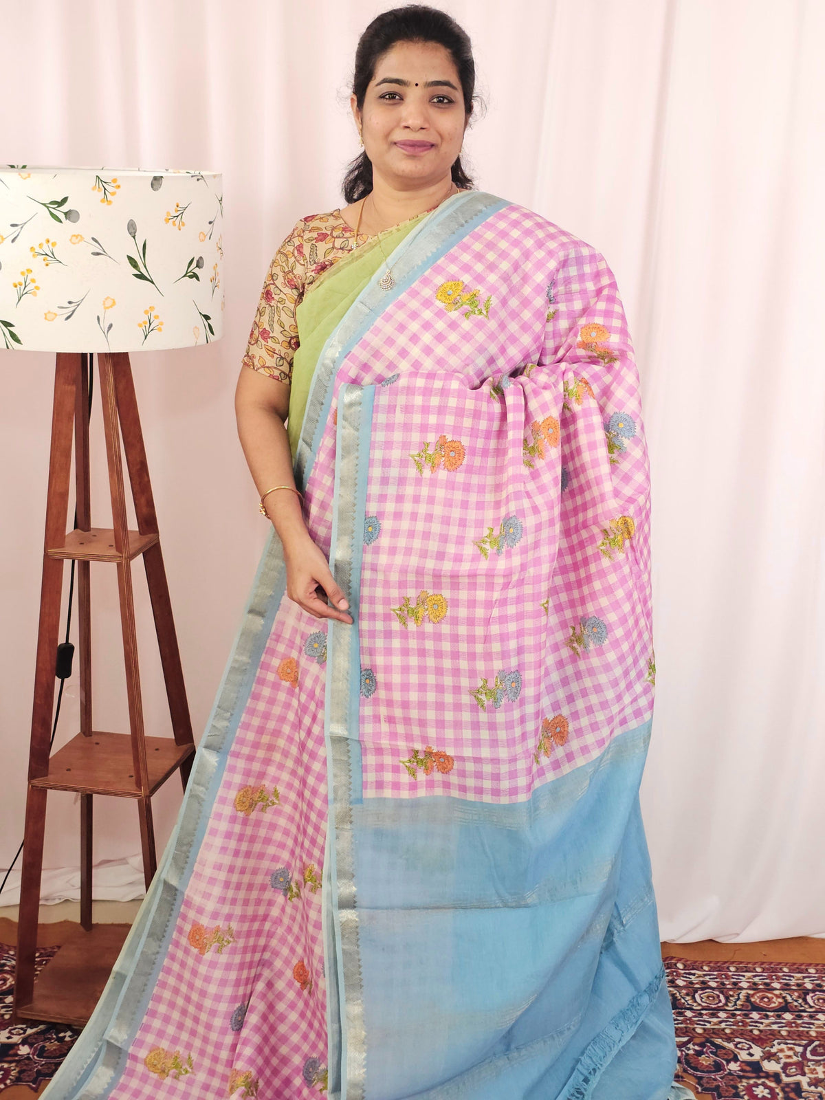 Handwoven Mangalagiri Pattu Saree with Digital Prints  - Pink with Blue