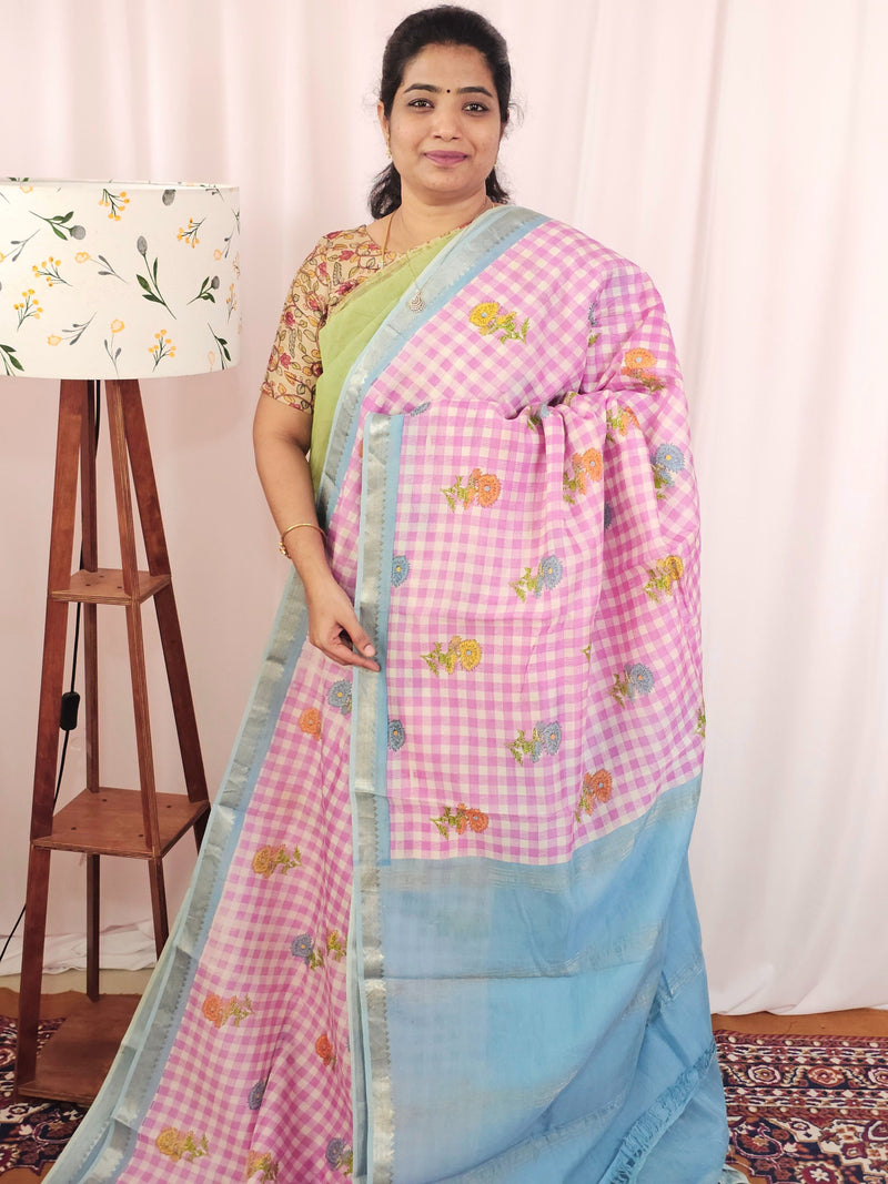 Handwoven Mangalagiri Pattu Saree with Digital Prints  - Pink with Blue
