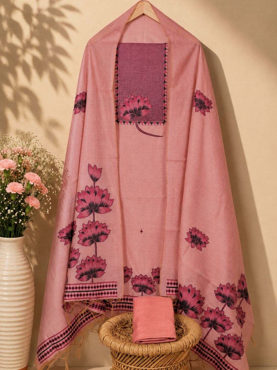 Cotton Jamdani Unstitched Salwar Set – Peach