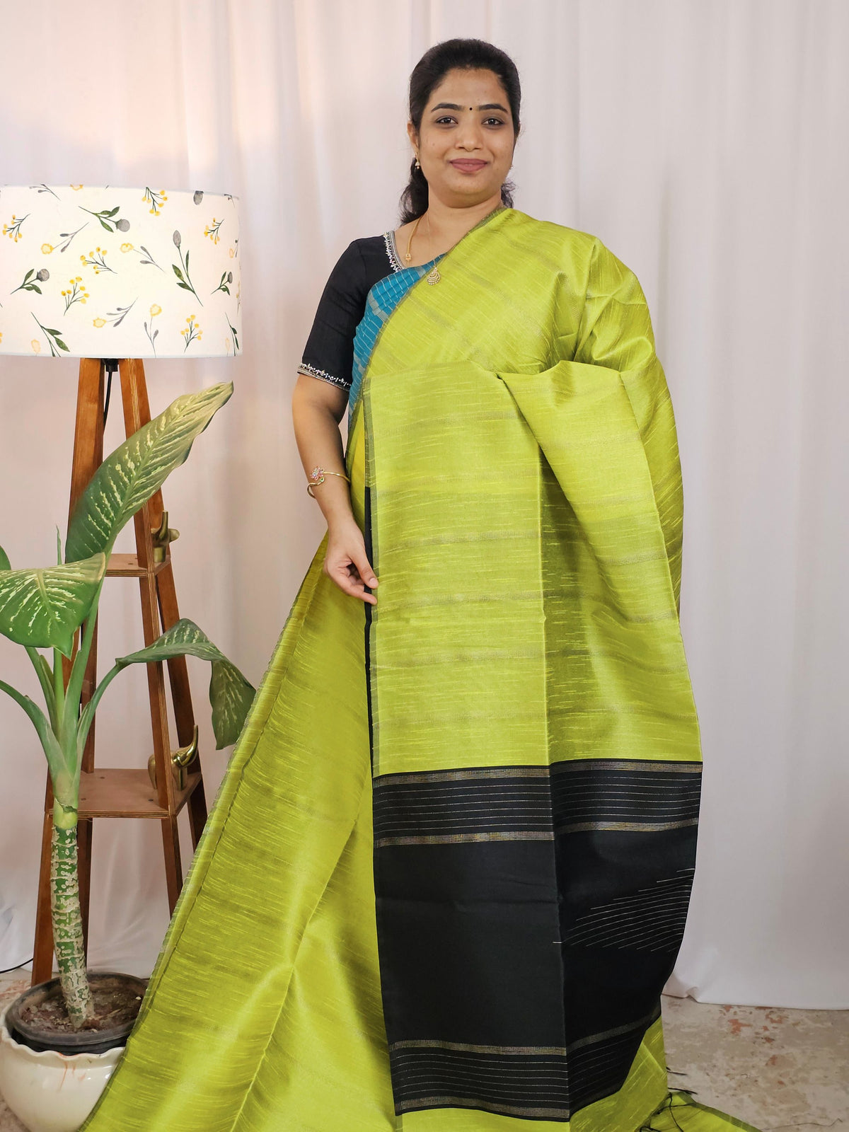 Semi Raw Silk -  Lime Green with Black