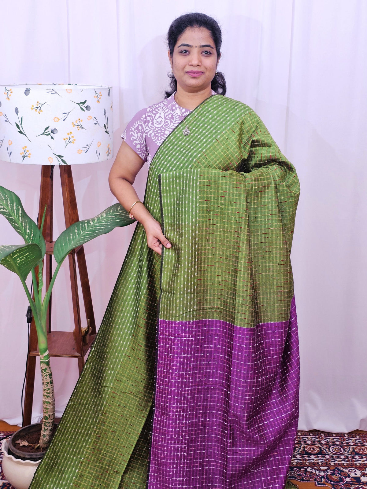 Semi Raw Silk Saree - Green with Magenta Pink